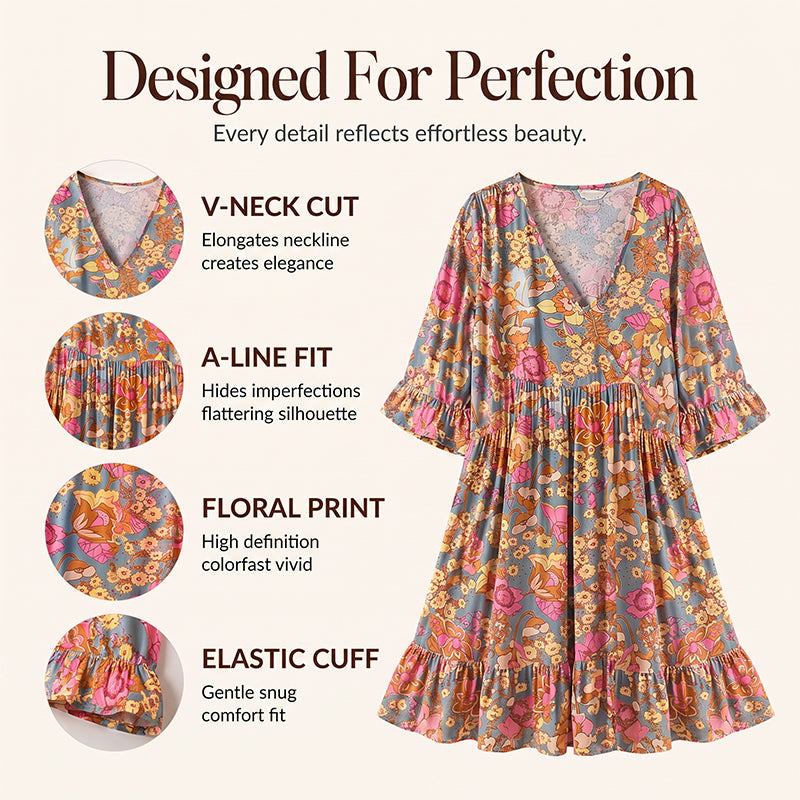 🌴🌊 LIMITED TIME 50% OFF! 🌺Women's Bohemian Floral V-Neck Dress – Flowy silhouette & vibrant blooms – Perfect for beach getaways.