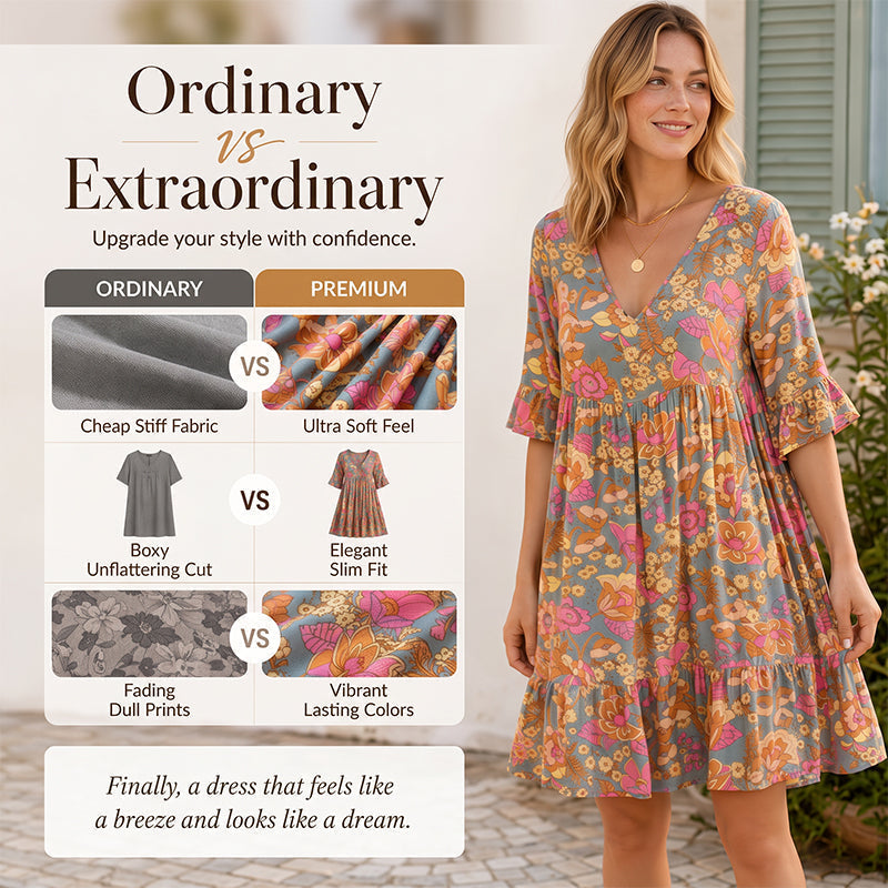 🌴🌊 LIMITED TIME 50% OFF! 🌺Women's Bohemian Floral V-Neck Dress – Flowy silhouette & vibrant blooms – Perfect for beach getaways.