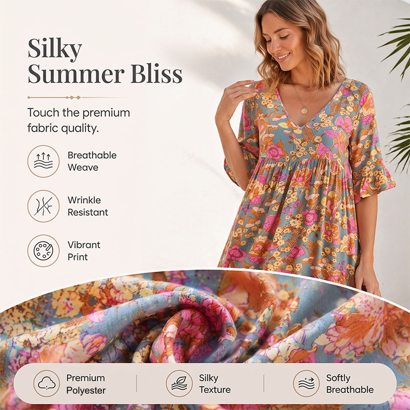 🌴🌊 LIMITED TIME 50% OFF! 🌺Women's Bohemian Floral V-Neck Dress – Flowy silhouette & vibrant blooms – Perfect for beach getaways.