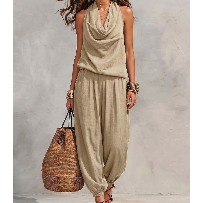 📢 LIMITED TIME 50% OFF! 👗 Chic Draped Halter Neck Jumpsuit – Breathable Wide-Leg Silhouette & Elegant Day-to-Night Style ✨