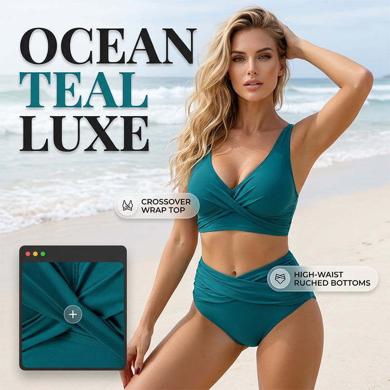 🌸 LIMITED TIME 50% OFF! ⏰ Women's High-Waisted Ruched Bikini Set – V-Neck Wrap Top & Tummy Control Bottom 👙