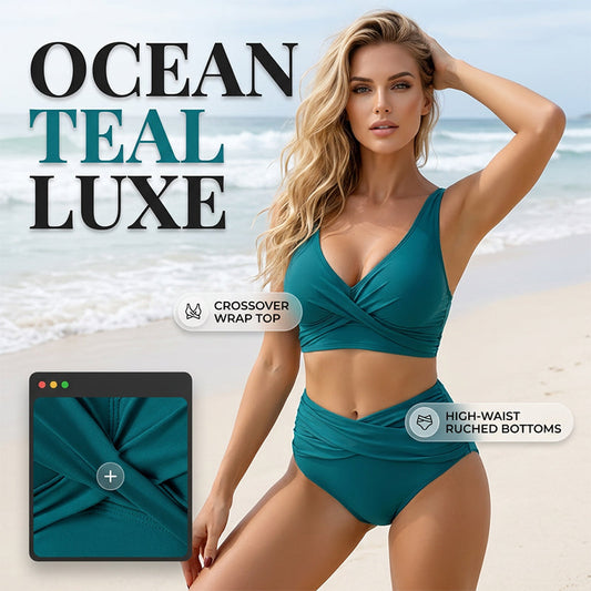 🌸 LIMITED TIME 50% OFF! ⏰ Women's High-Waisted Ruched Bikini Set – V-Neck Wrap Top & Tummy Control Bottom 👙