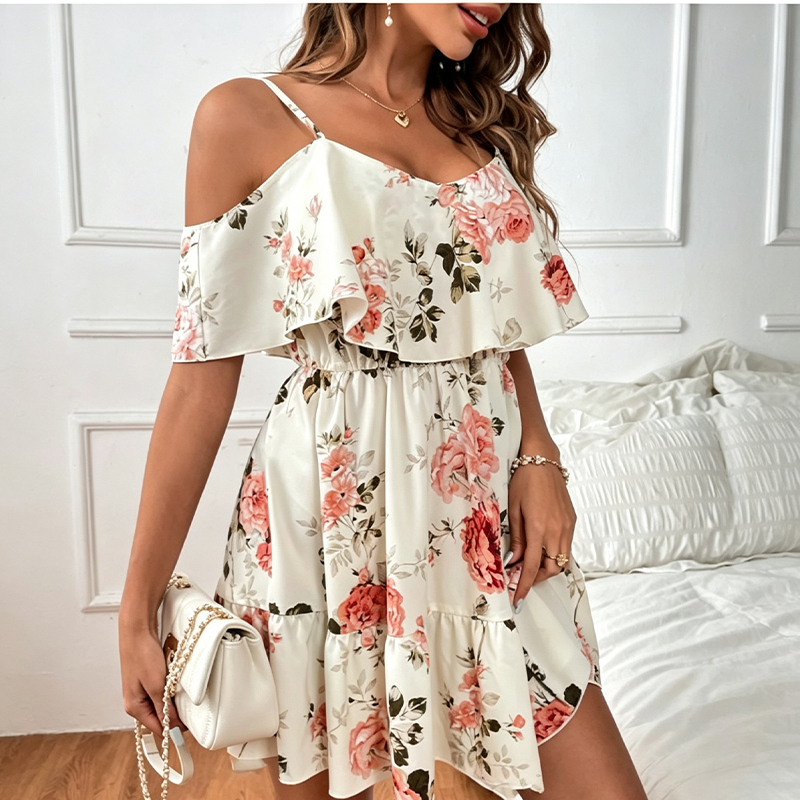 🎉 LIMITED TIME 50% OFF! 🌸 Boho Floral Sundress – Cold Shoulder Design & Ruffle Trim Details 🌼