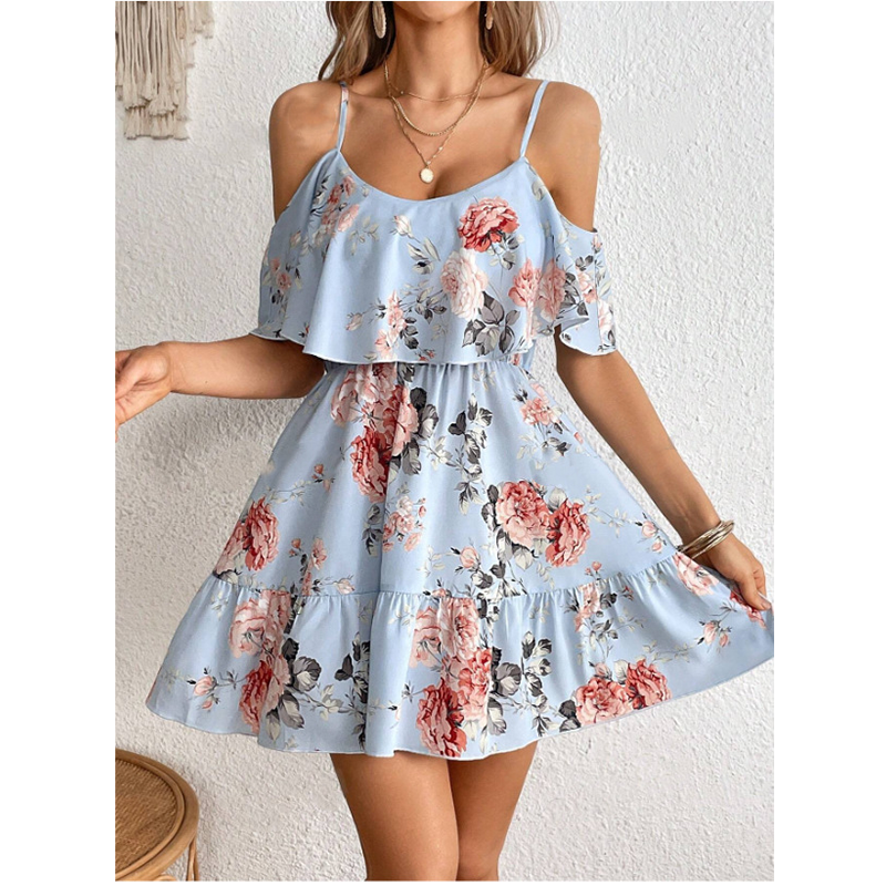 🎉 LIMITED TIME 50% OFF! 🌸 Boho Floral Sundress – Cold Shoulder Design & Ruffle Trim Details 🌼