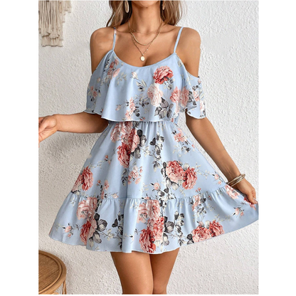 🎉 LIMITED TIME 50% OFF! 🌸 Boho Floral Sundress – Cold Shoulder Design & Ruffle Trim Details 🌼