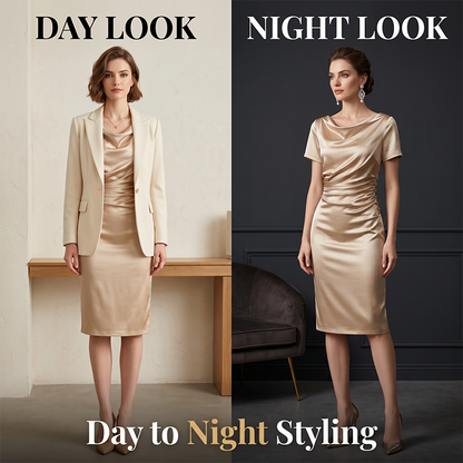 🎉 LIMITED TIME 50% OFF! 💎 Women's Elegant Satin Ruched Bodycon Dress – Cowl Neckline & Slimming Side Ruching ✨