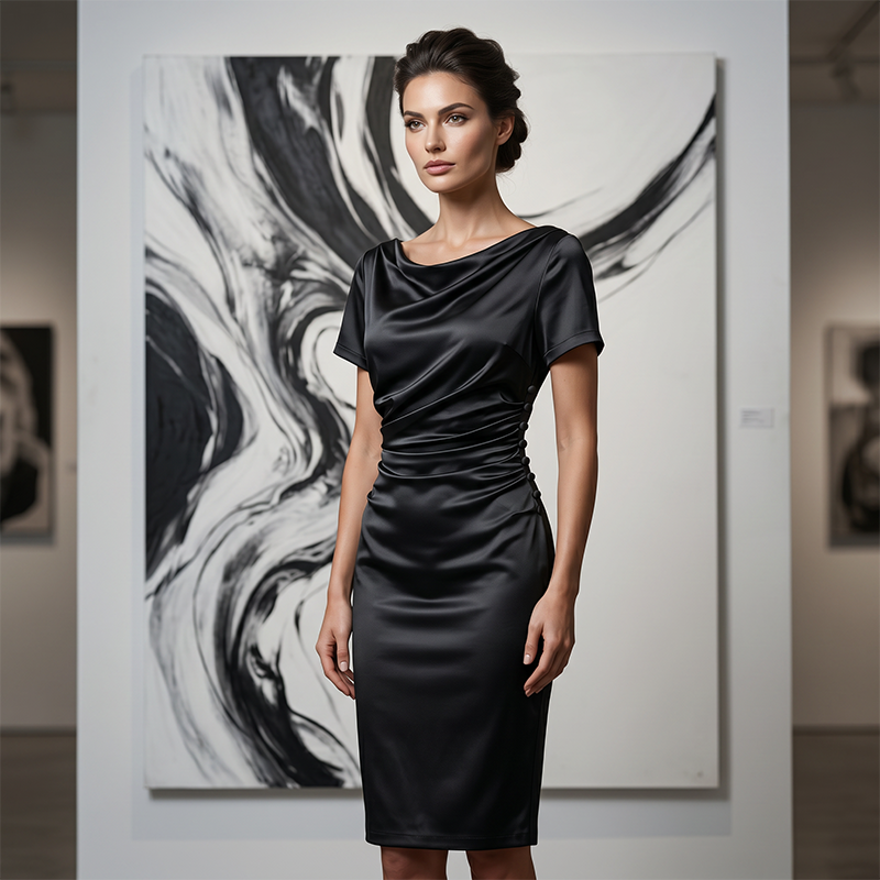 🎉 LIMITED TIME 50% OFF! 💎 Women's Elegant Satin Ruched Bodycon Dress – Cowl Neckline & Slimming Side Ruching ✨