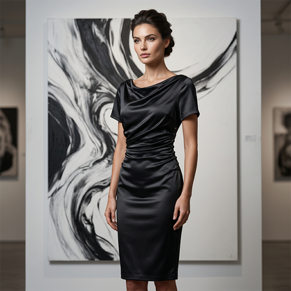 🎉 LIMITED TIME 50% OFF! 💎 Women's Elegant Satin Ruched Bodycon Dress – Cowl Neckline & Slimming Side Ruching ✨