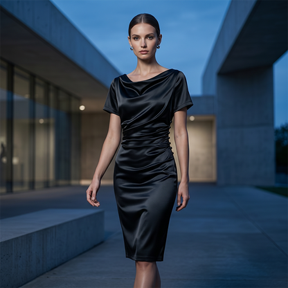 🎉 LIMITED TIME 50% OFF! 💎 Women's Elegant Satin Ruched Bodycon Dress – Cowl Neckline & Slimming Side Ruching ✨