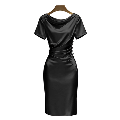 🎉 LIMITED TIME 50% OFF! 💎 Women's Elegant Satin Ruched Bodycon Dress – Cowl Neckline & Slimming Side Ruching ✨