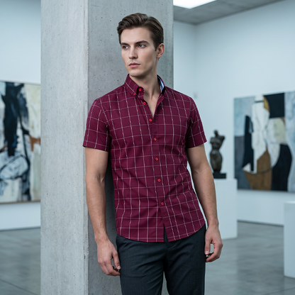 🔥 Pro-Favorite Men's Casual Short Sleeve Plaid Shirt – Cotton-Polyester Blend – Breathable 👕
