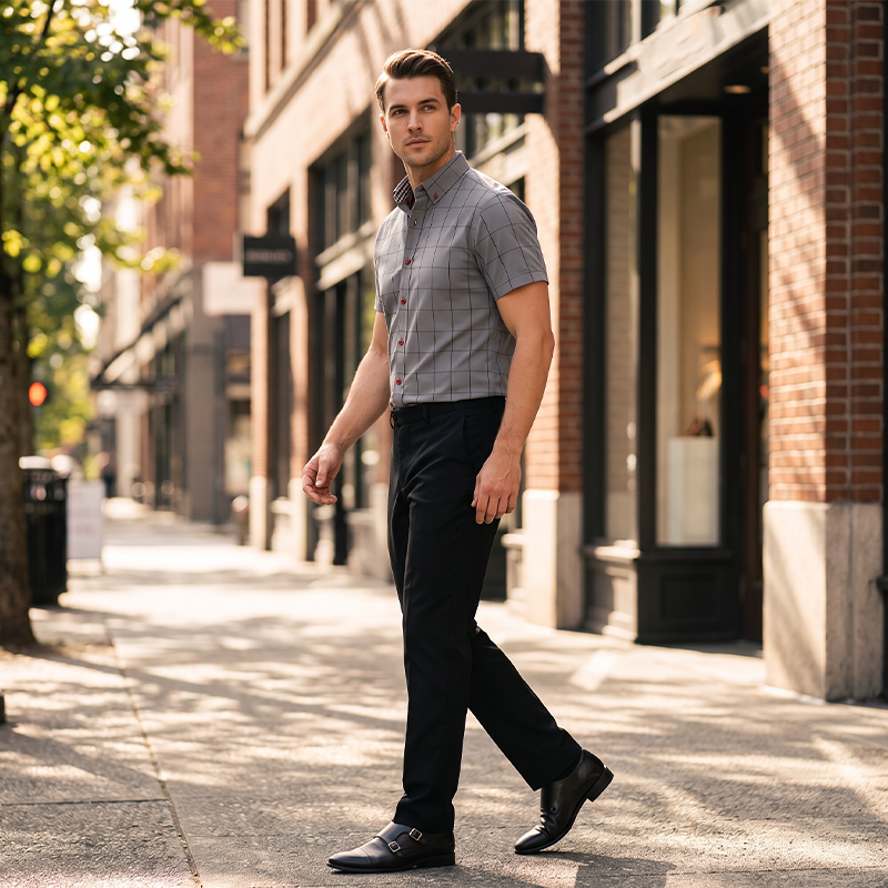 🔥 Pro-Favorite Men's Casual Short Sleeve Plaid Shirt – Cotton-Polyester Blend – Breathable 👕