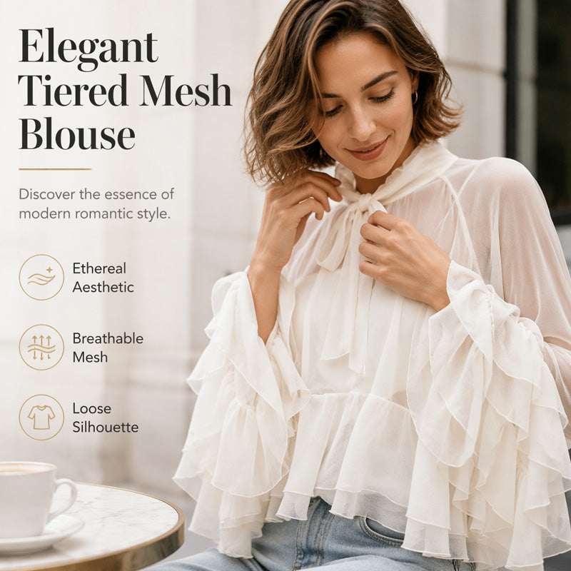 🎉 LIMITED TIME 50% OFF! 👚 Sheer Mock Neck Blouse – Ruffled Sleeve Elegance ✨