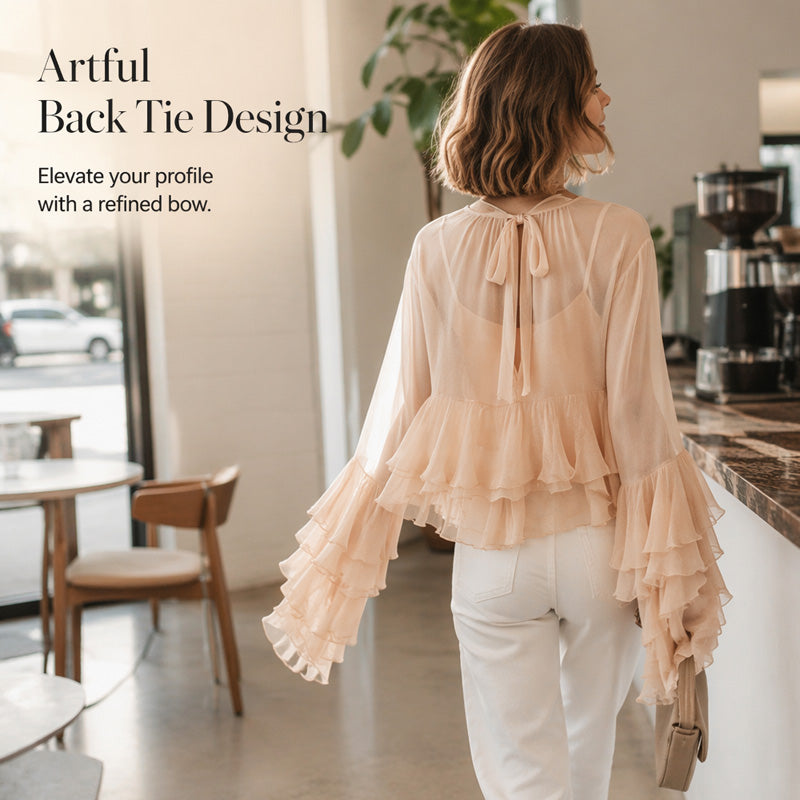 🎉 LIMITED TIME 50% OFF! 👚 Sheer Mock Neck Blouse – Ruffled Sleeve Elegance ✨