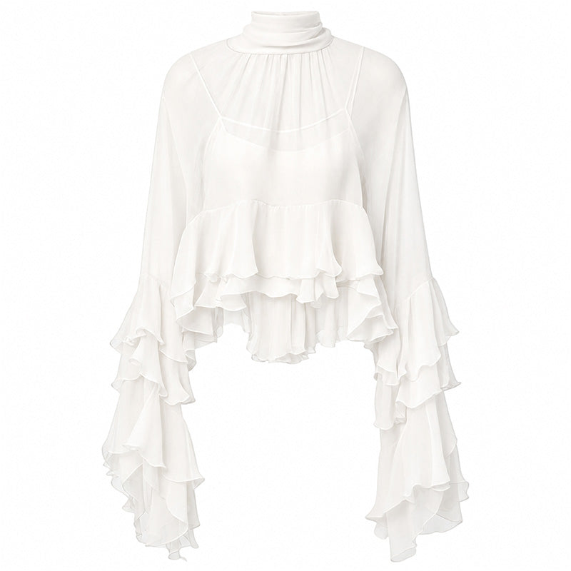 🎉 LIMITED TIME 50% OFF! 👚 Sheer Mock Neck Blouse – Ruffled Sleeve Elegance ✨