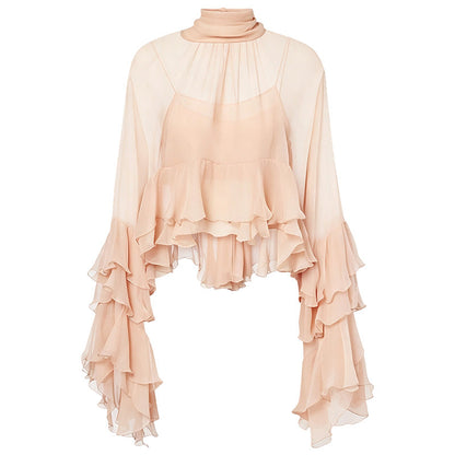 🎉 LIMITED TIME 50% OFF! 👚 Sheer Mock Neck Blouse – Ruffled Sleeve Elegance ✨
