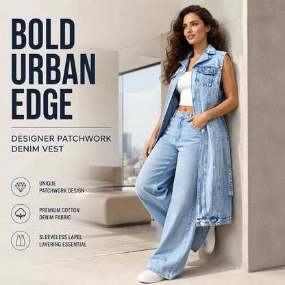🎉 LIMITED TIME 50% OFF! 🧥 Women Sleeveless High Slit Denim Vest Dress – Patchwork Longline Jean Waistcoat ✨