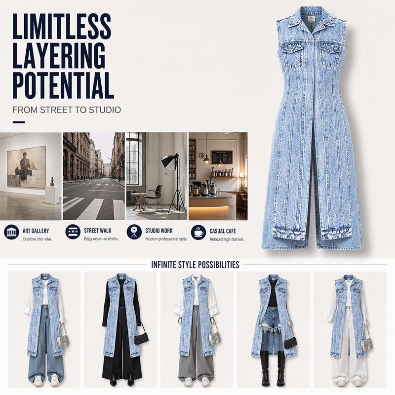 🎉 LIMITED TIME 50% OFF! 🧥 Women Sleeveless High Slit Denim Vest Dress – Patchwork Longline Jean Waistcoat ✨