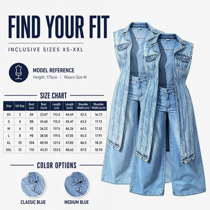 🎉 LIMITED TIME 50% OFF! 🧥 Women Sleeveless High Slit Denim Vest Dress – Patchwork Longline Jean Waistcoat ✨