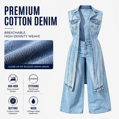 🎉 LIMITED TIME 50% OFF! 🧥 Women Sleeveless High Slit Denim Vest Dress – Patchwork Longline Jean Waistcoat ✨