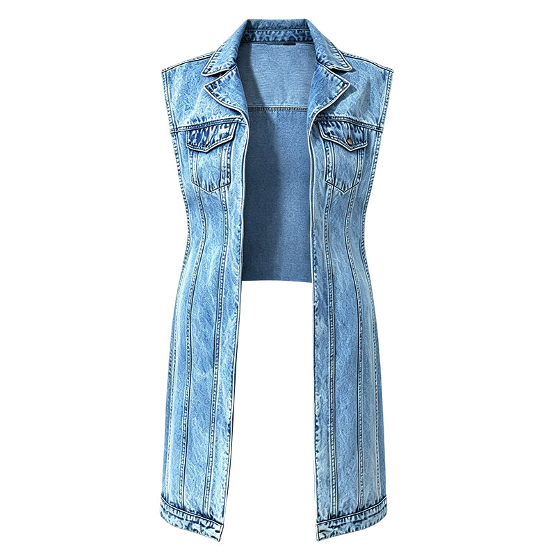 🎉 LIMITED TIME 50% OFF! 🧥 Women Sleeveless High Slit Denim Vest Dress – Patchwork Longline Jean Waistcoat ✨