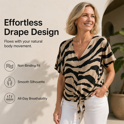 👚 2026 Sale — Over 44,000 Sold! ✨ Women's V‑Neck Tie‑Front Zebra Print T‑Shirt