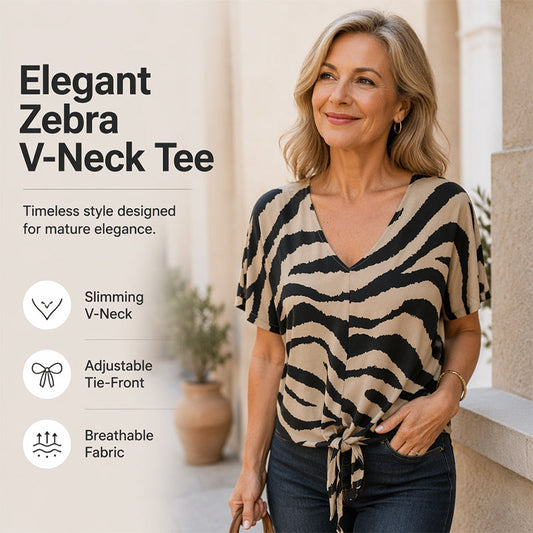 👚 2026 Sale — Over 44,000 Sold! ✨ Women's V‑Neck Tie‑Front Zebra Print T‑Shirt