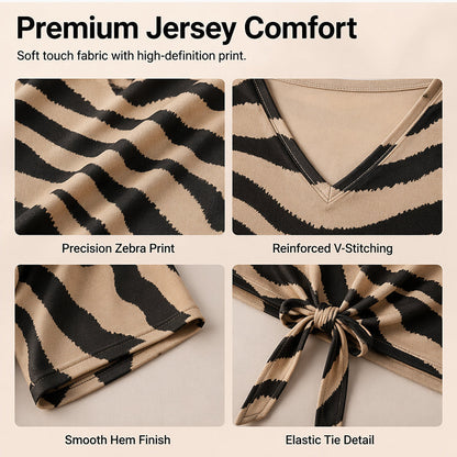 👚 2026 Sale — Over 44,000 Sold! ✨ Women's V‑Neck Tie‑Front Zebra Print T‑Shirt
