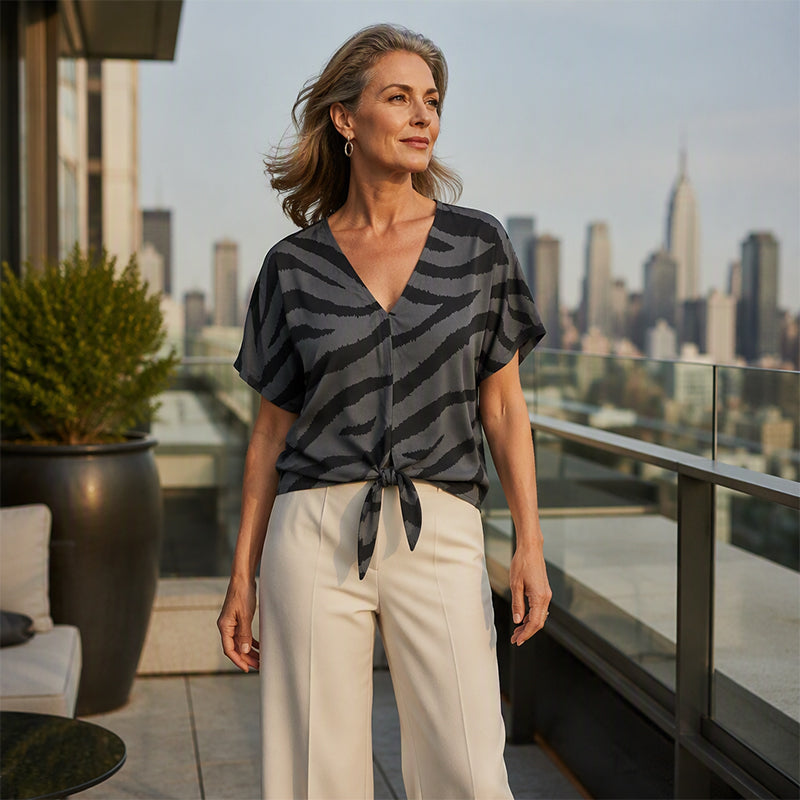 👚 2026 Sale — Over 44,000 Sold! ✨ Women's V‑Neck Tie‑Front Zebra Print T‑Shirt