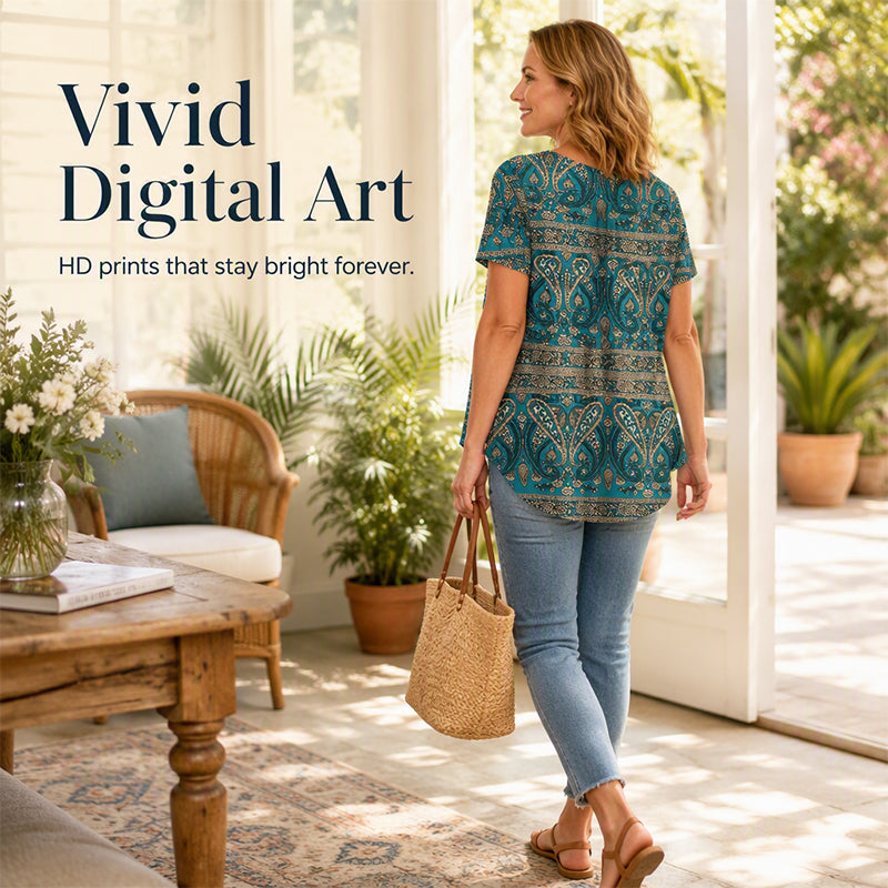 Women's Paisley Print V-Neck Short Sleeve Top