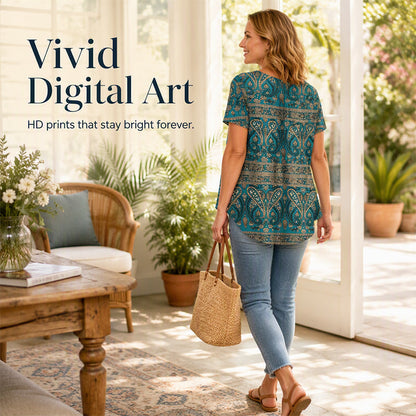 Women's Paisley Print V-Neck Short Sleeve Top
