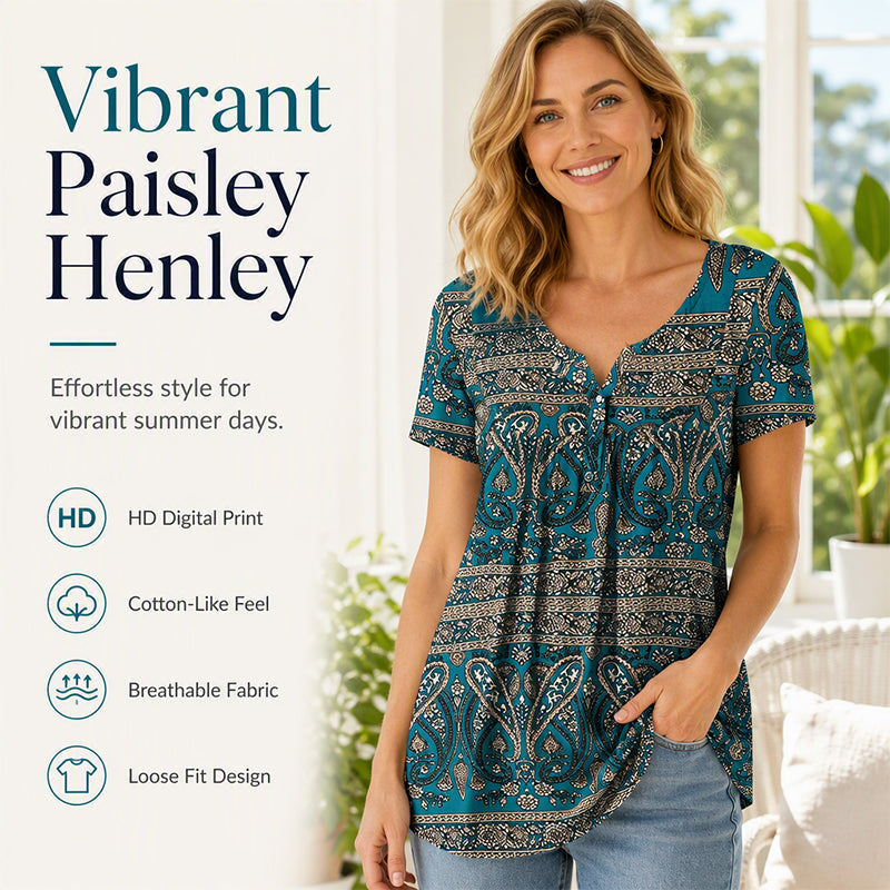 Women's Paisley Print V-Neck Short Sleeve Top