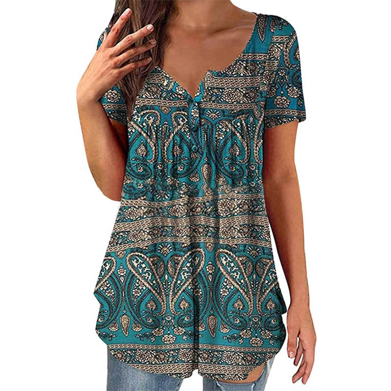 Women's Paisley Print V-Neck Short Sleeve Top
