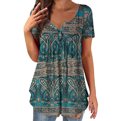 Women's Paisley Print V-Neck Short Sleeve Top