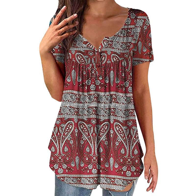 Women's Paisley Print V-Neck Short Sleeve Top
