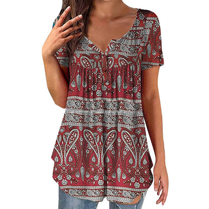 Women's Paisley Print V-Neck Short Sleeve Top