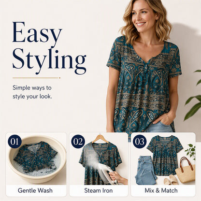 Women's Paisley Print V-Neck Short Sleeve Top