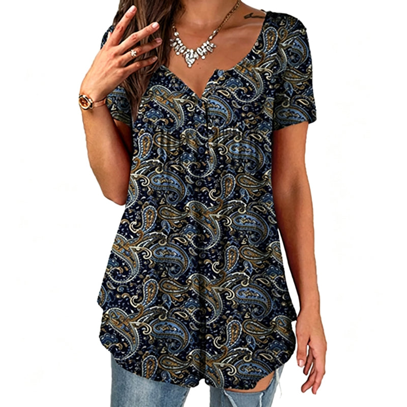 Women's Paisley Print V-Neck Short Sleeve Top