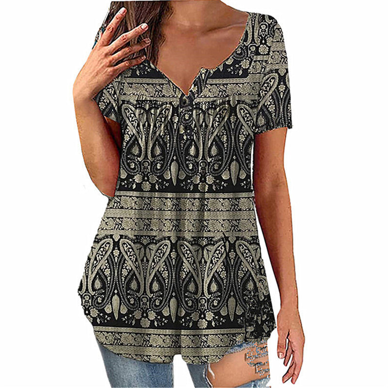 Women's Paisley Print V-Neck Short Sleeve Top