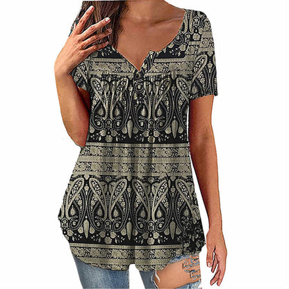 Women's Paisley Print V-Neck Short Sleeve Top