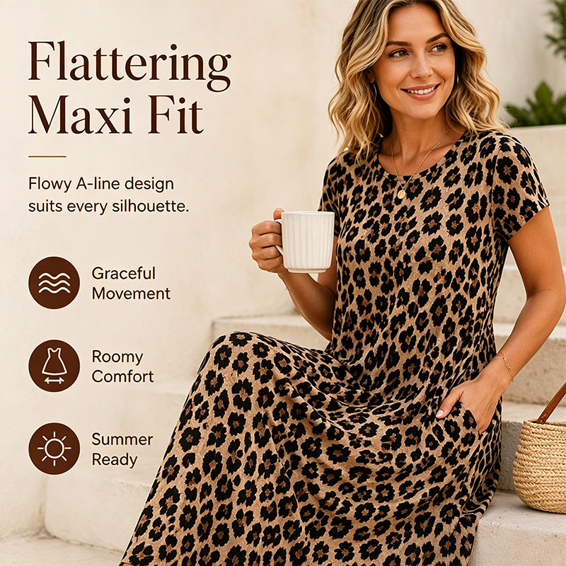 Women's Leopard Print Maxi Dress with Pockets Casual Short Sleeve Long Dress