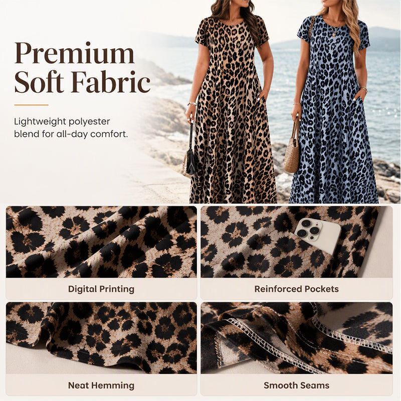 Women's Leopard Print Maxi Dress with Pockets Casual Short Sleeve Long Dress