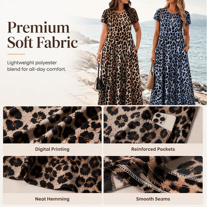 Women's Leopard Print Maxi Dress with Pockets Casual Short Sleeve Long Dress