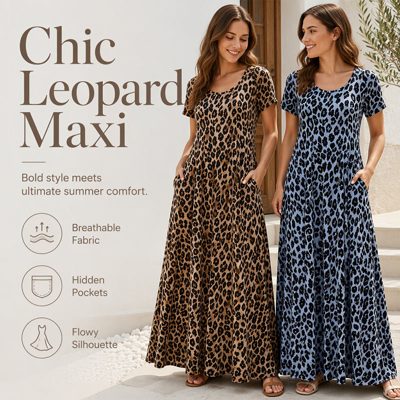 Women's Leopard Print Maxi Dress with Pockets Casual Short Sleeve Long Dress