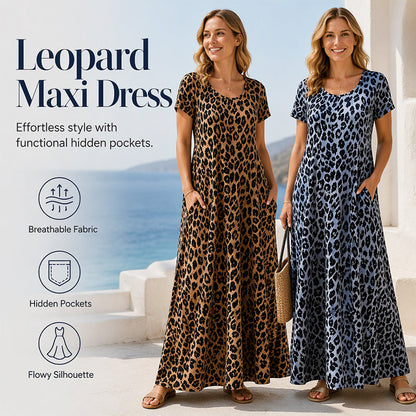 Women's Leopard Print Maxi Dress with Pockets Casual Short Sleeve Long Dress