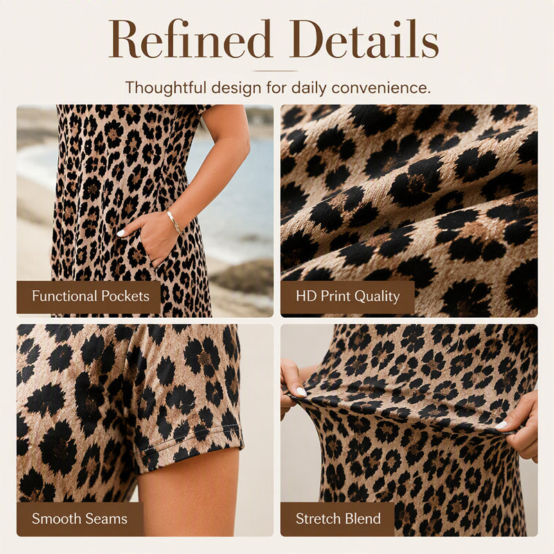 Women's Leopard Print Maxi Dress with Pockets Casual Short Sleeve Long Dress