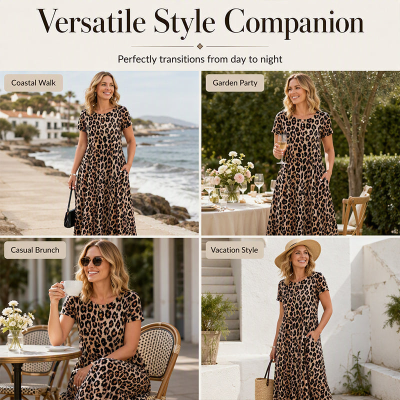 Women's Leopard Print Maxi Dress with Pockets Casual Short Sleeve Long Dress