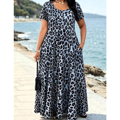 Women's Leopard Print Maxi Dress with Pockets Casual Short Sleeve Long Dress