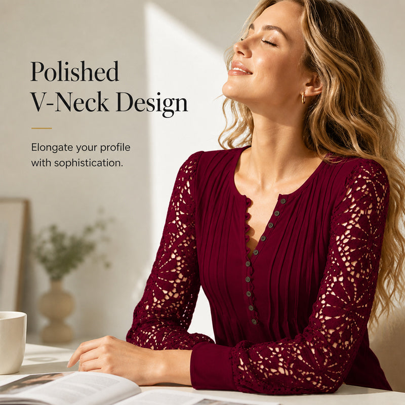 Women's Casual Lace Long-Sleeved V-Neck Top