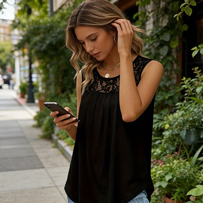 Women's Lace Pleated Sleeveless Tank Top